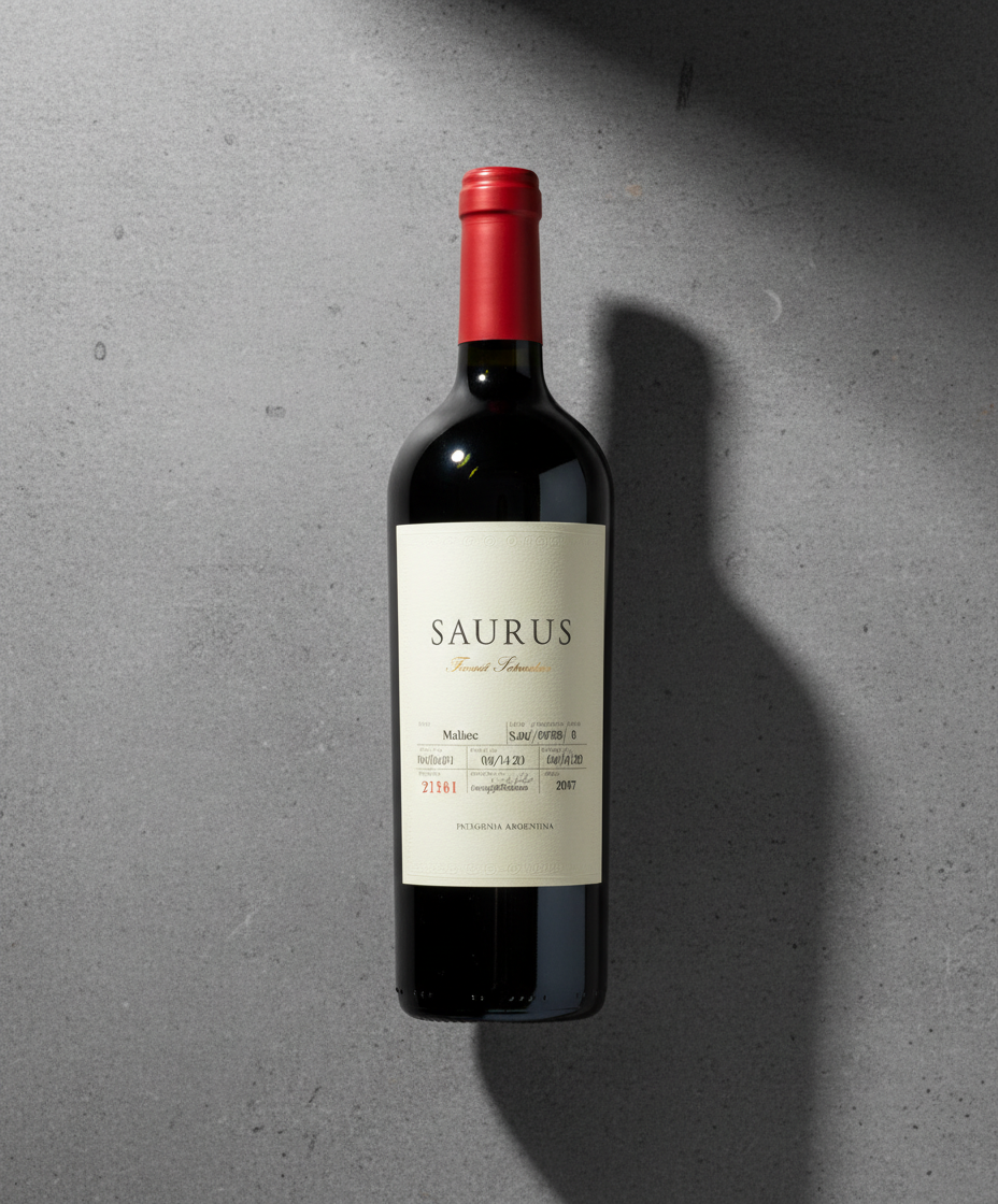 Familia Schroeder Saurus Barrel Fermented Malbec 2023 bottle with red cap in portrait orientation, gallery position 5