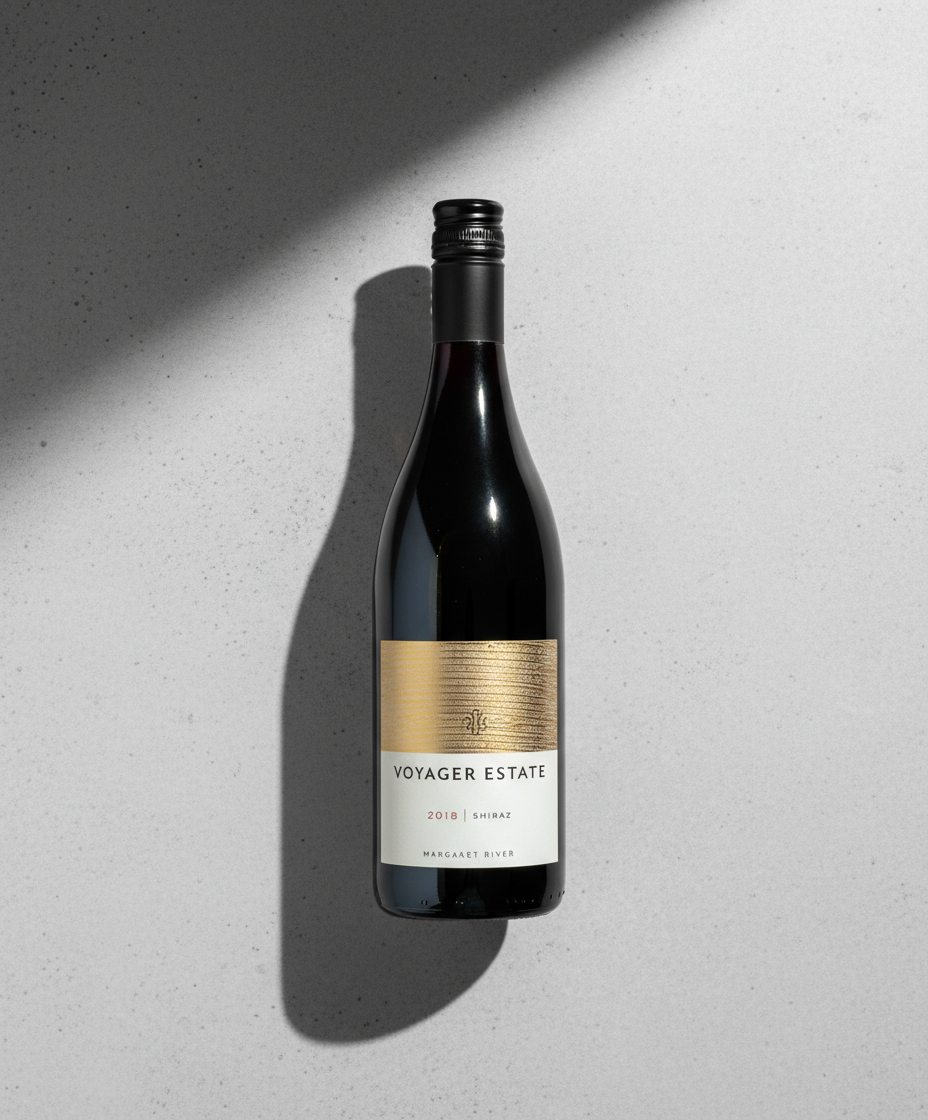Voyager Estate Shiraz 2019 bottle in portrait with shadow on light background, gallery position 5