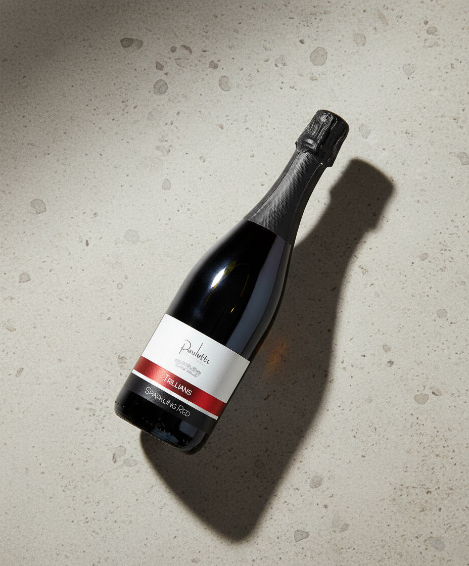 Paulett Trillians Sparkling Red NV bottle lying on textured surface, gallery position 5, portrait 928x1120.