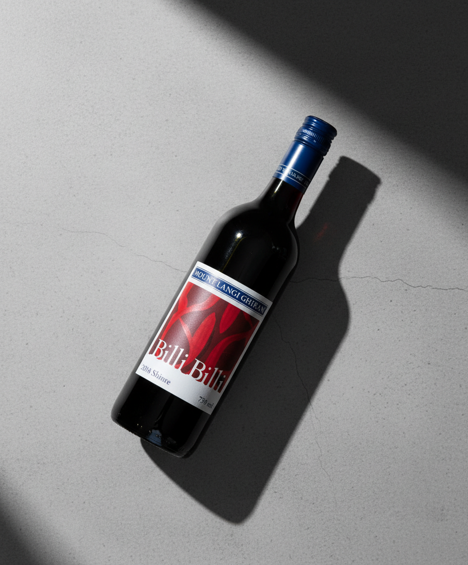 Mount Langi Ghiran Billi Billi Shiraz 2023 bottle in portrait, gallery position 5, red wine bottle on gray surface