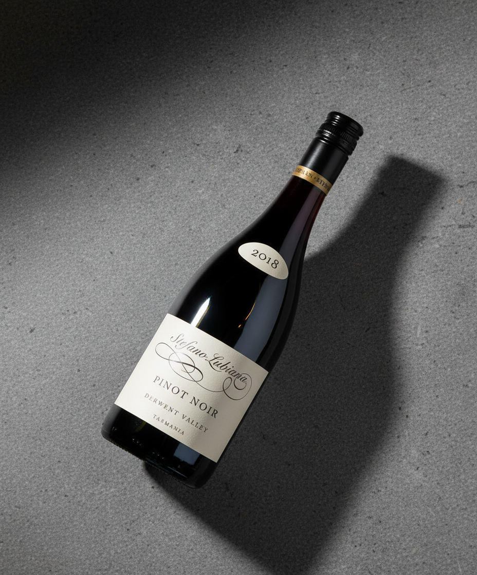 Stefano Lubiana Estate Pinot Noir 2020 bottle in portrait orientation on gray textured surface, gallery 5