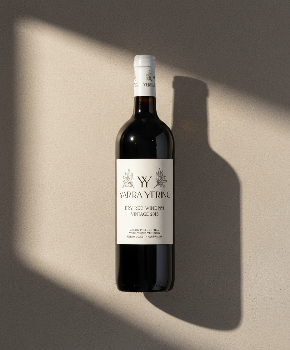 Yarra Yering Dry Red No.1 2018 bottle in portrait, gallery position 5, red wine with shadow on beige surface