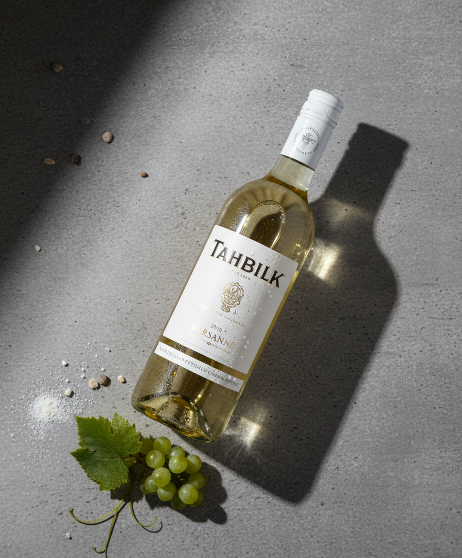 Tahbilk Marsanne 2022 white wine bottle in portrait with grapes and leaf on grey surface, gallery 6