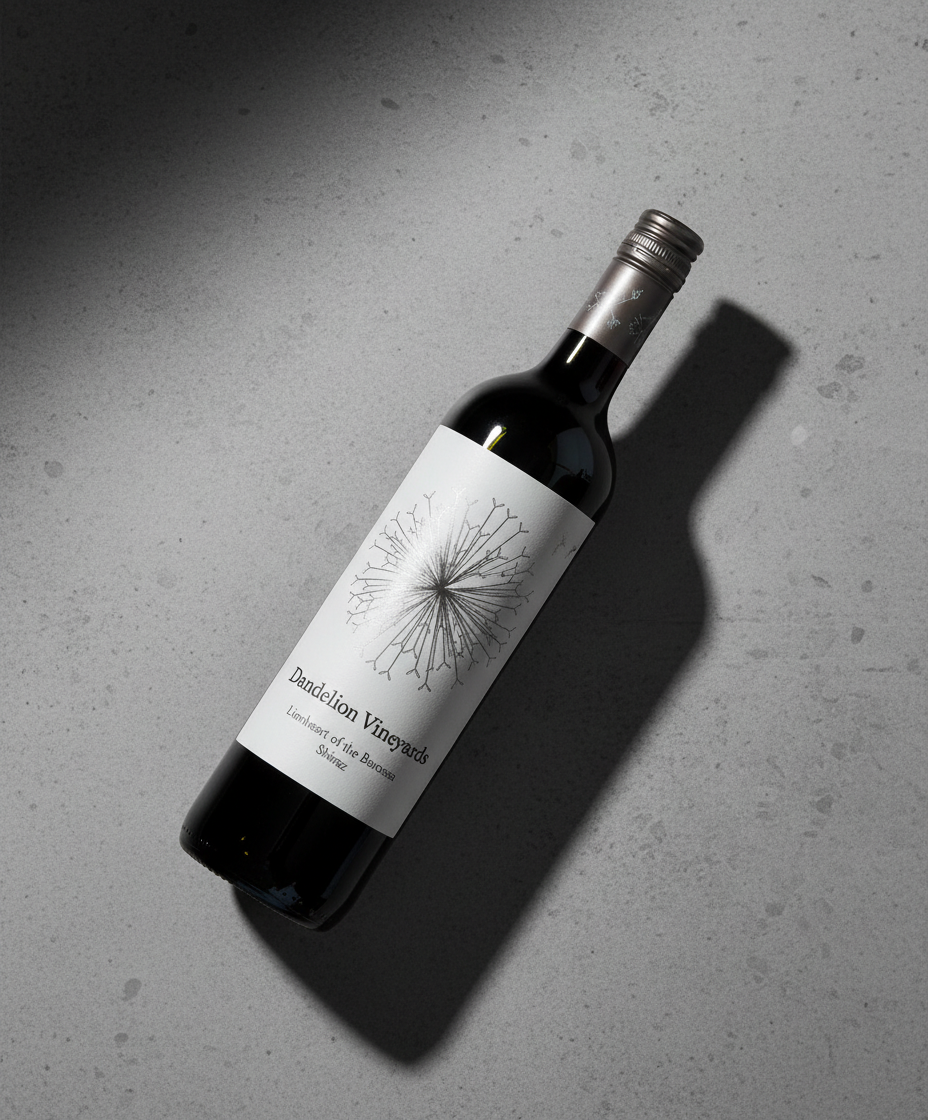 Bottle of Dandelion Vineyards Lionheart of the Barossa Shiraz 2023 red wine on grey surface with shadow