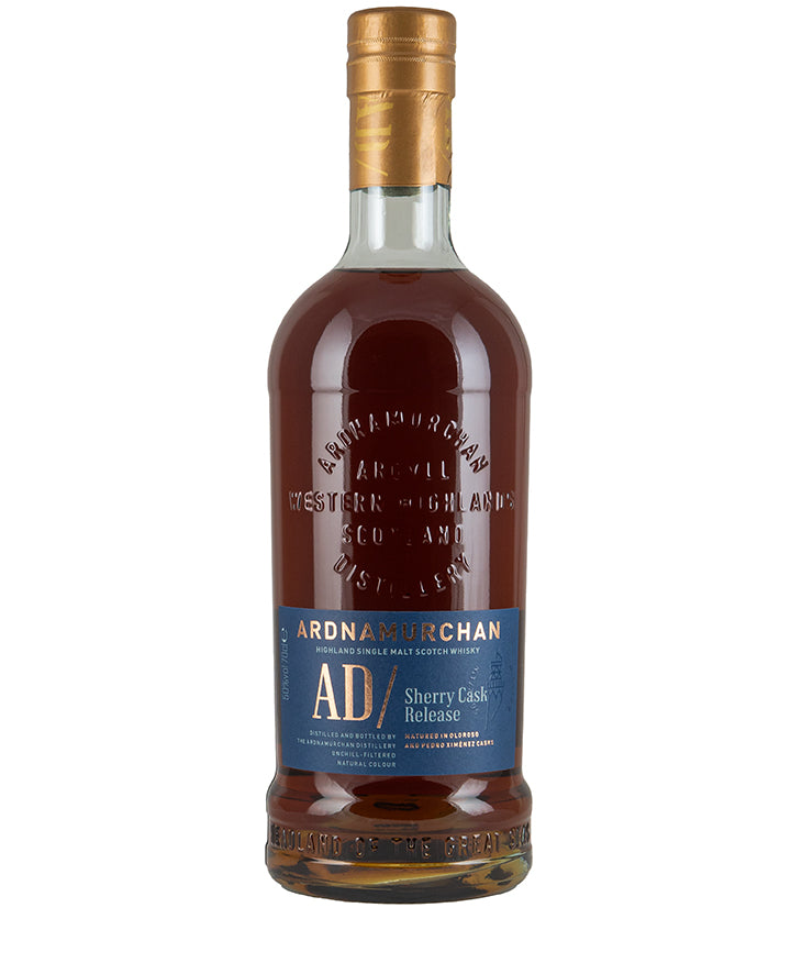 Bottle of Ardnamurchan AD Sherry Cask Release 2024 single malt Scotch whisky with dark amber liquid