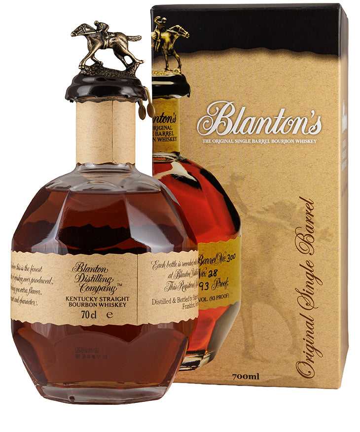 Blanton's Original Bourbon bottle with horse stopper and gold box packaging fine American whisky spirits