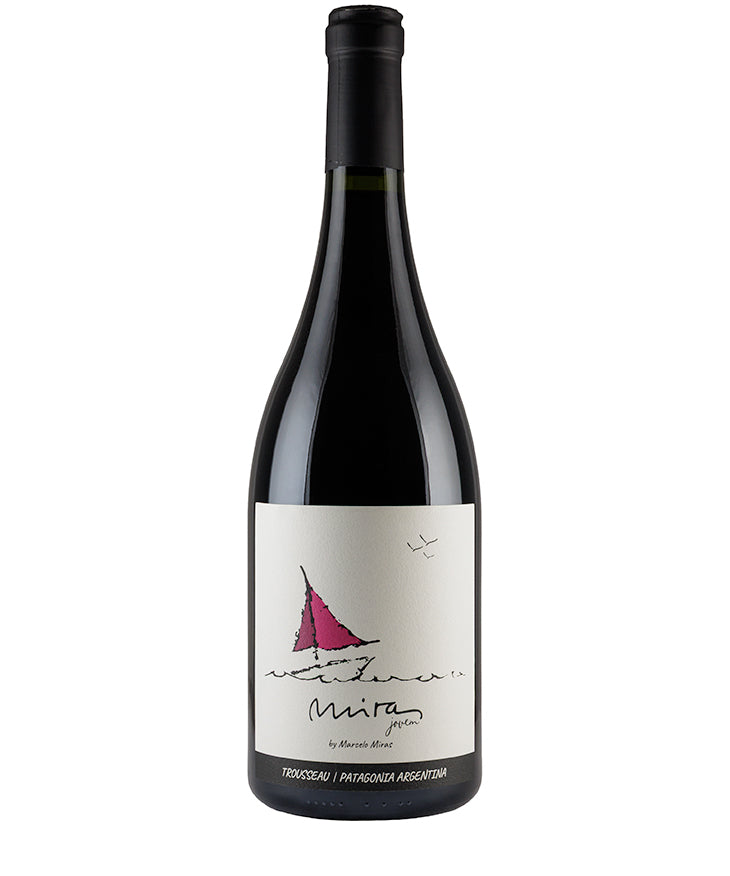 Bottle of Bodega Miras Trousseau Jovem 2021 red wine from Patagonia, Argentina with hand-drawn sailboat label