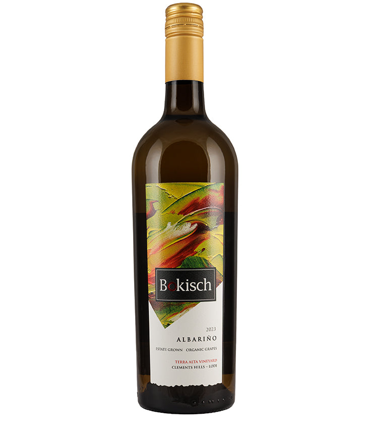Bokisch Albarino 2023 bottle with organic white wine from Lodi California and colorful label design