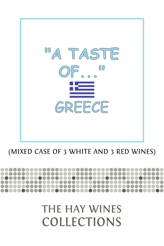 Packaging design for "A Taste Of..." - Greece wine collection from Hay Wines featuring mixed white and red wines.