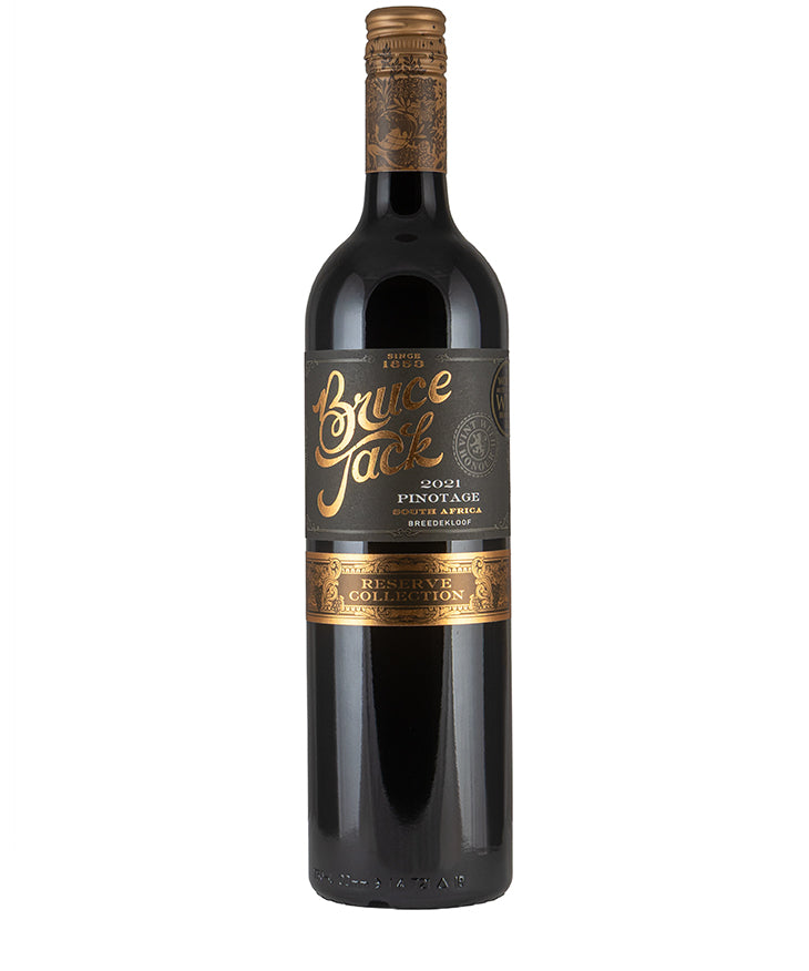 Bruce Jack Reserve Pinotage 2021 fine wine bottle with elegant black and gold label from South Africa Breedekloof