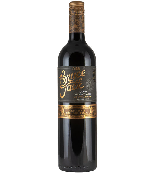Bruce Jack Reserve Pinotage 2021 fine wine bottle with elegant black and gold label from South Africa Breedekloof