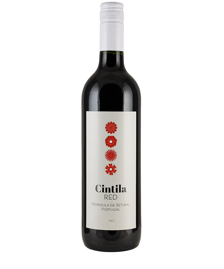 Bottle of Cintila Red 2024 Portuguese red wine with a white label and red floral design