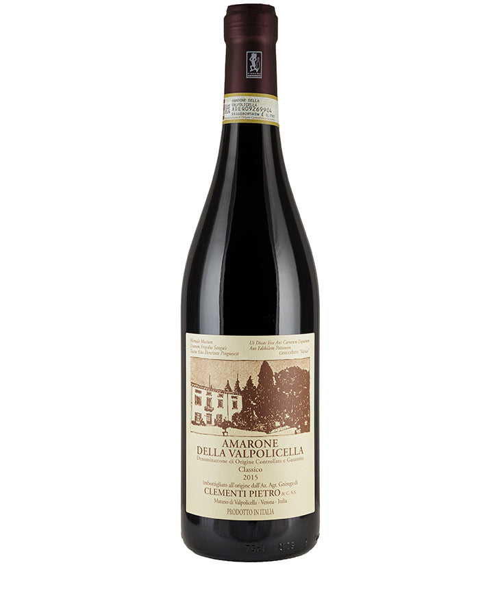 Bottle of Clementi Amarone della Valpolicella 2015 Italian red wine with vintage label design