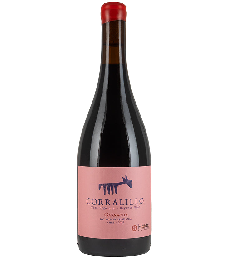 Matetic Corralillo Garnacha 2022 organic wine bottle with pink label from Chile's Casablanca Valley