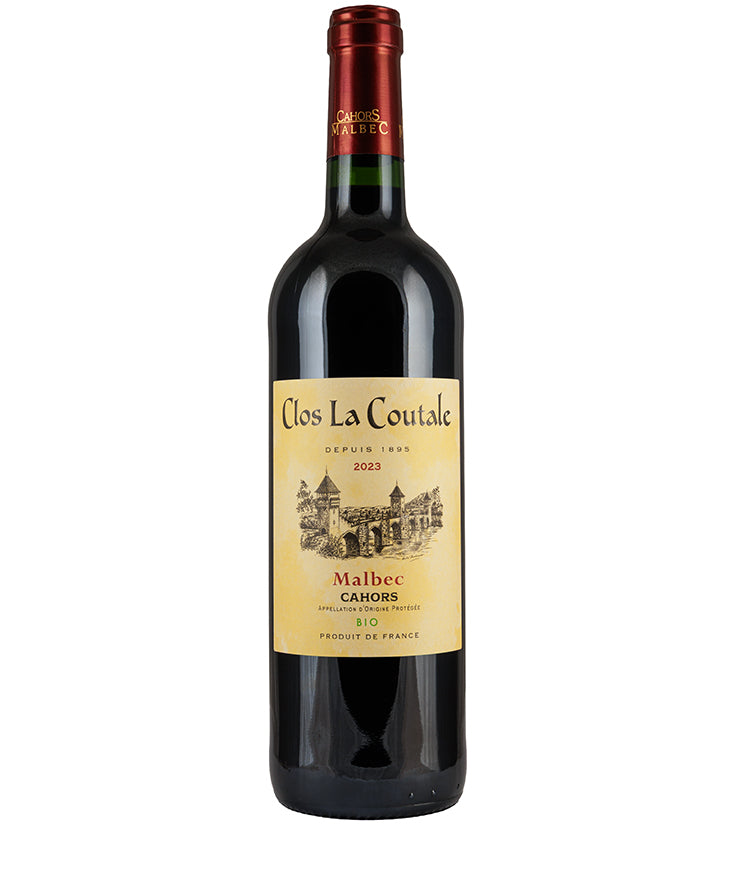 Clos la Coutale Cahors Malbec 2023 bottle of fine organic red wine from South West France with classic label design