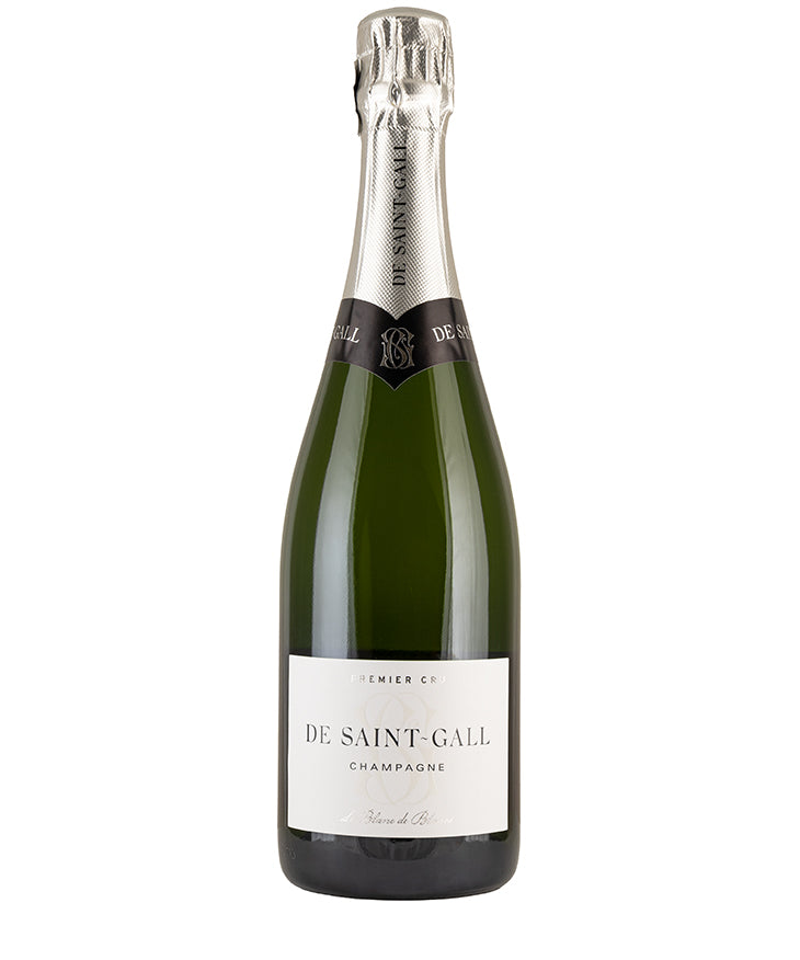 De Saint Gall Premier Cru Champagne Blanc de Blancs bottle showcasing fine sparkling wine from France's Champagne region