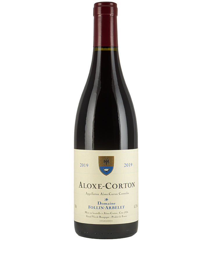 Bottle of Domaine Follin-Arbelet Aloxe Corton 2020 red wine from Burgundy, France, with vintage label