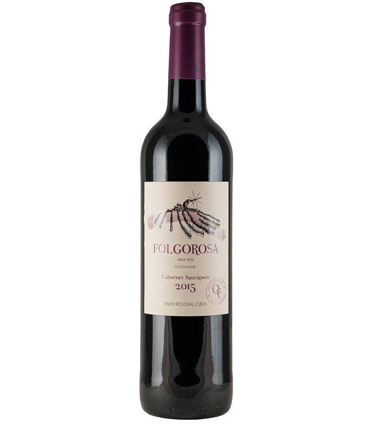 Bottle of Folgorosa Cabernet Sauvignon 2015 red wine with label showing vineyard illustration
