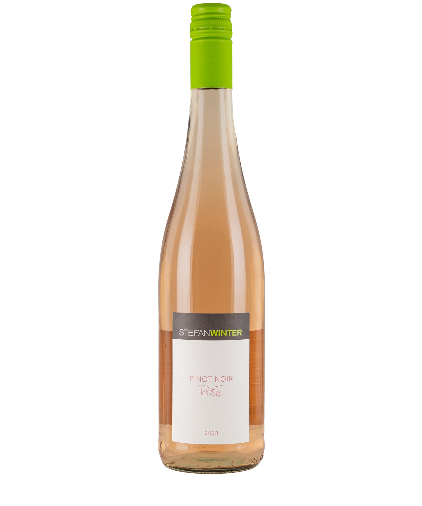Stefan Winter Pinot Noir Rose 2023 wine bottle with light pink rosé and green screw cap on white background