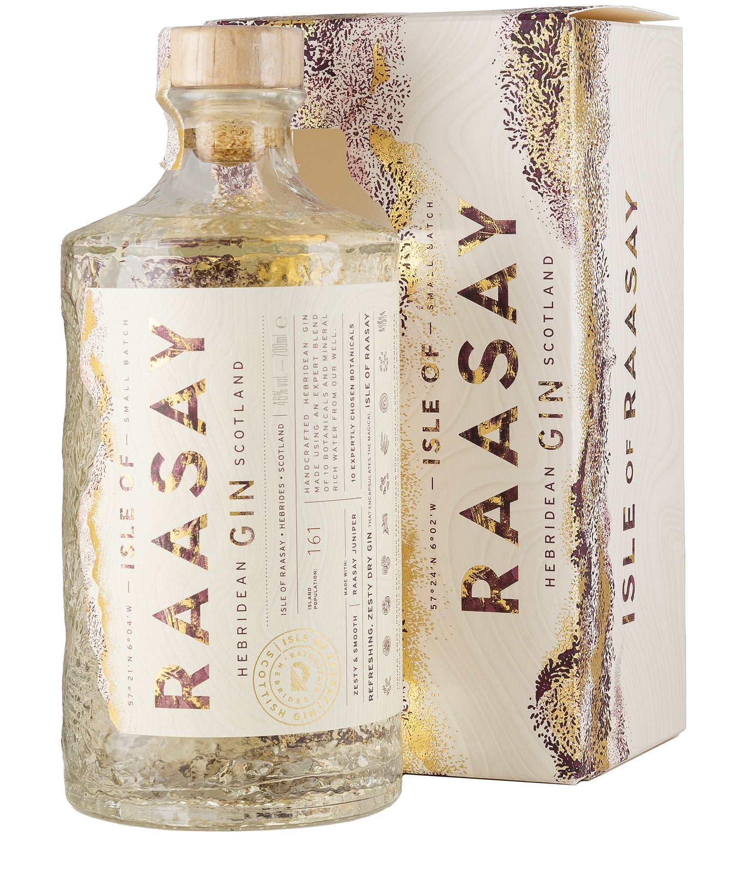 Isle of Raasay Gin Hebridean Scottish gin bottle with decorative packaging – spirit bottle image
