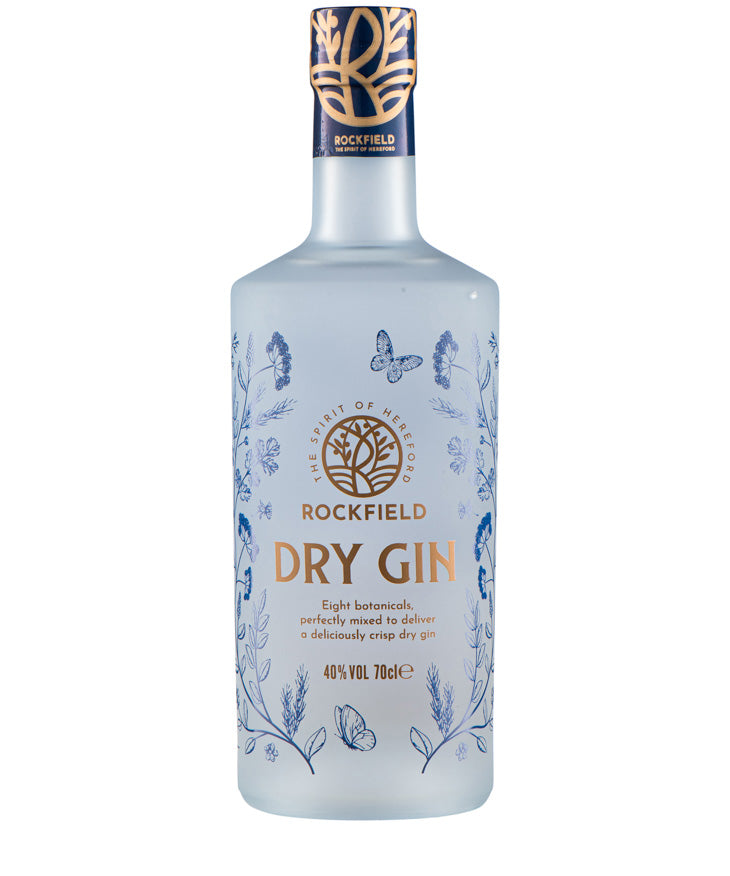 Rockfield Dry Gin spirit from Hereford with botanical design on frosted bottle – spirit bottle image