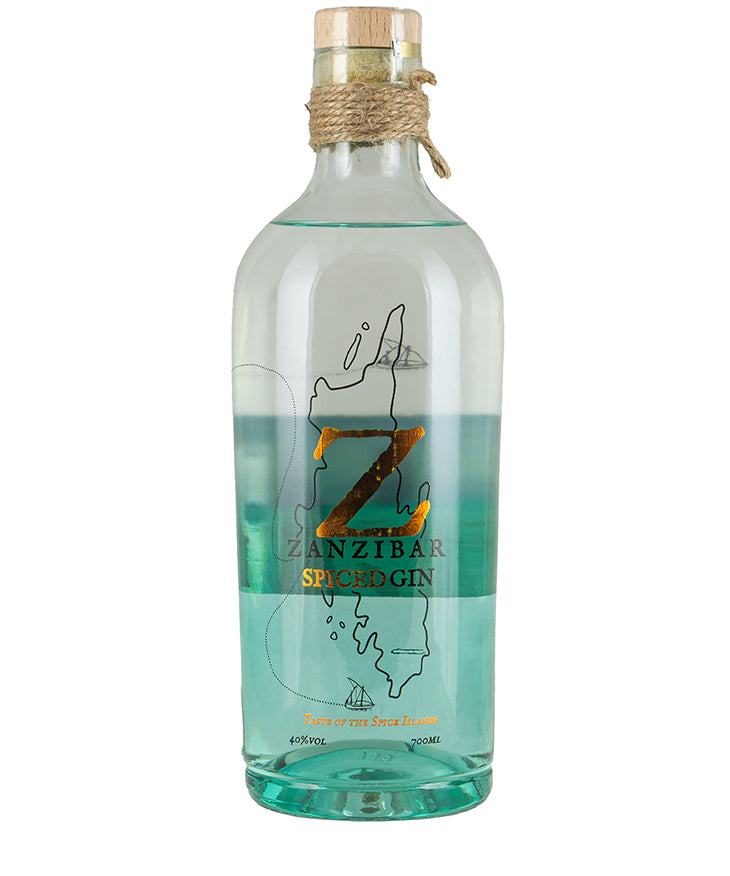 Zanzibar Spiced Gin bottle with cork top and decorative rope, featuring island map label on clear glass.