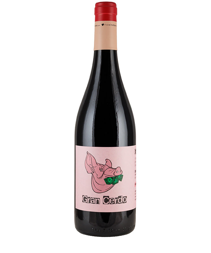 Bottle of Gran Cerdo Tinto 2024 Spanish red wine with a pink label featuring a pig illustration.