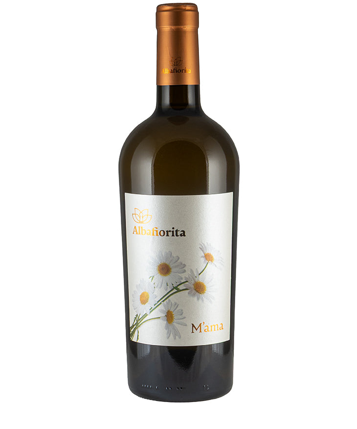 Bottle of Albafiorita M'ama 2022 organic white wine with floral label design and copper foil top