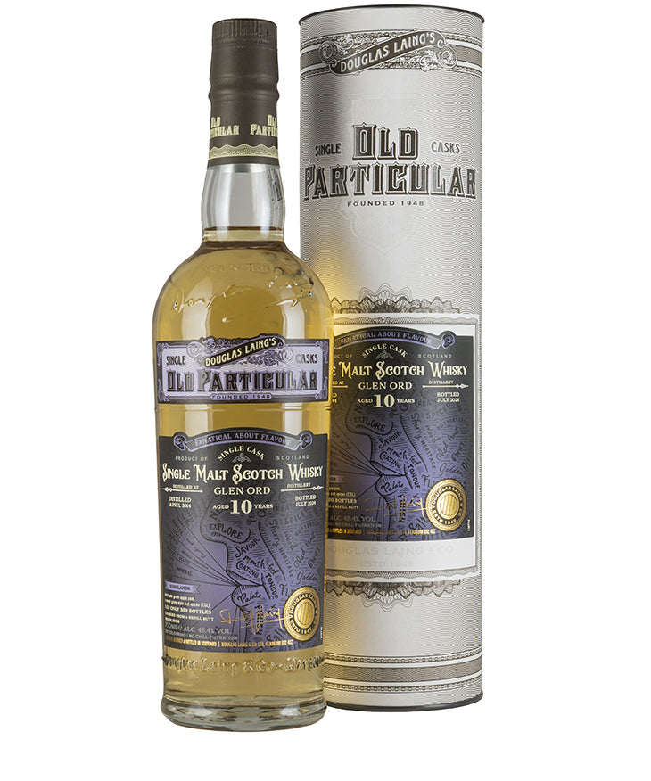 Glen Ord 10 Year Old Old Particular Scotch whisky bottle with matching silver cylindrical packaging