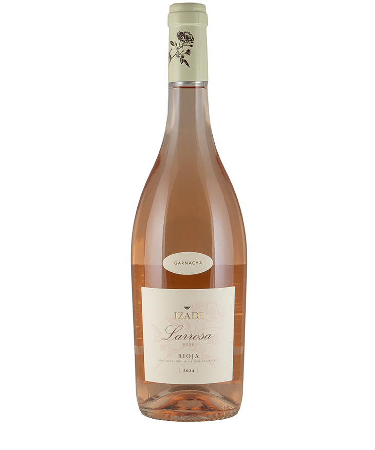 Izadi Larrosa Rioja Rosado 2024 bottle showing pale salmon rosé wine with elegant label and cream cap