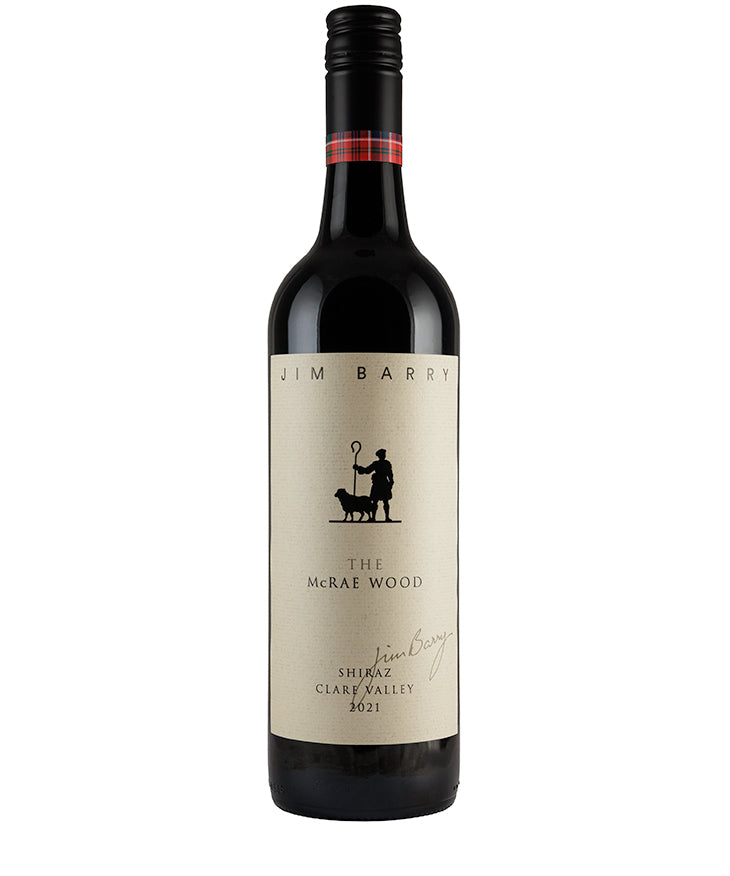 Bottle of Jim Barry McRae Wood Shiraz 2021 red wine from South Australia with cream label and black cap