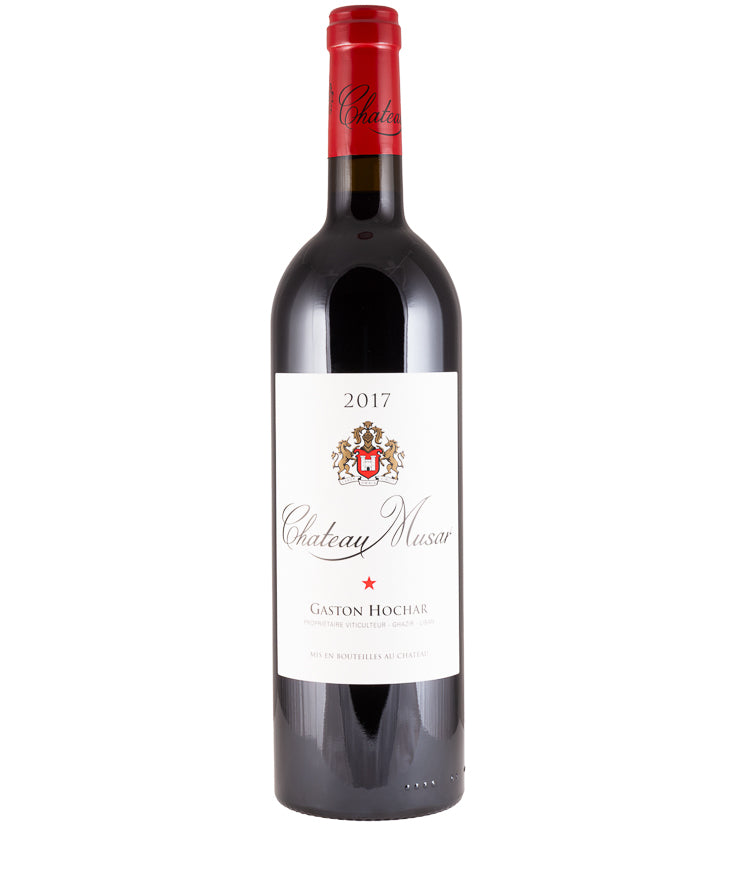 Chateau Musar Red 2018 fine wine bottle with red foil capsule and classic white label on white background