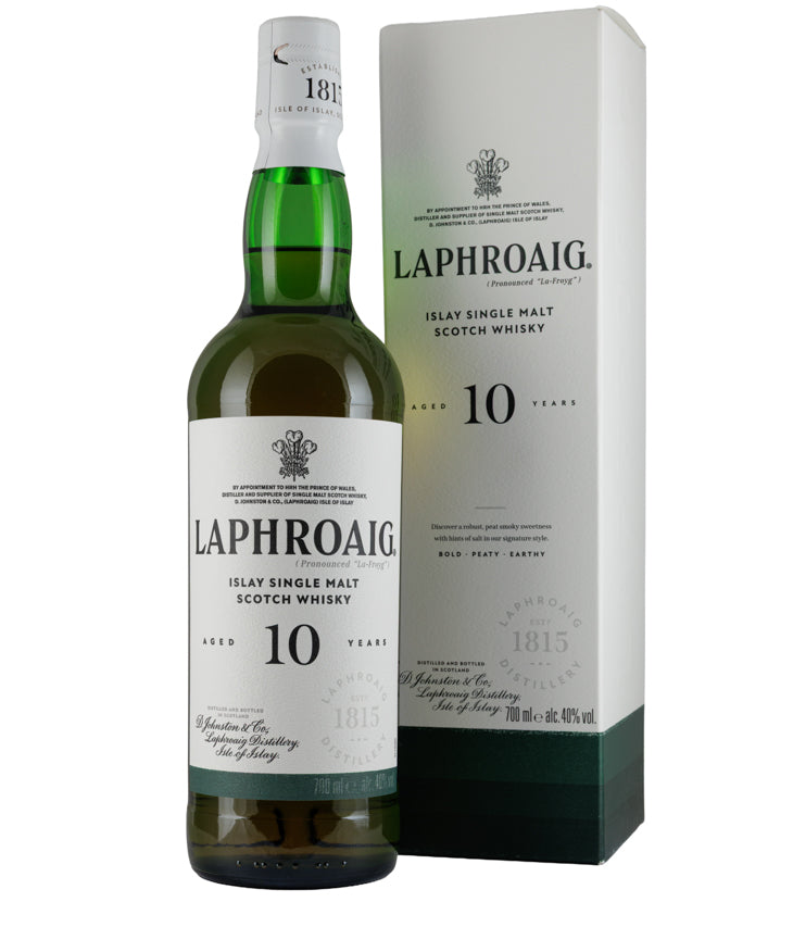 Laphroaig 10 Year Old Single Malt Whisky bottle and box