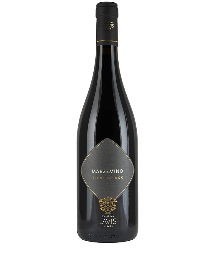 Cantina Lavis Marzemino 2023 wine bottle with elegant dark label showcasing fine Italian red wine from Trentino.