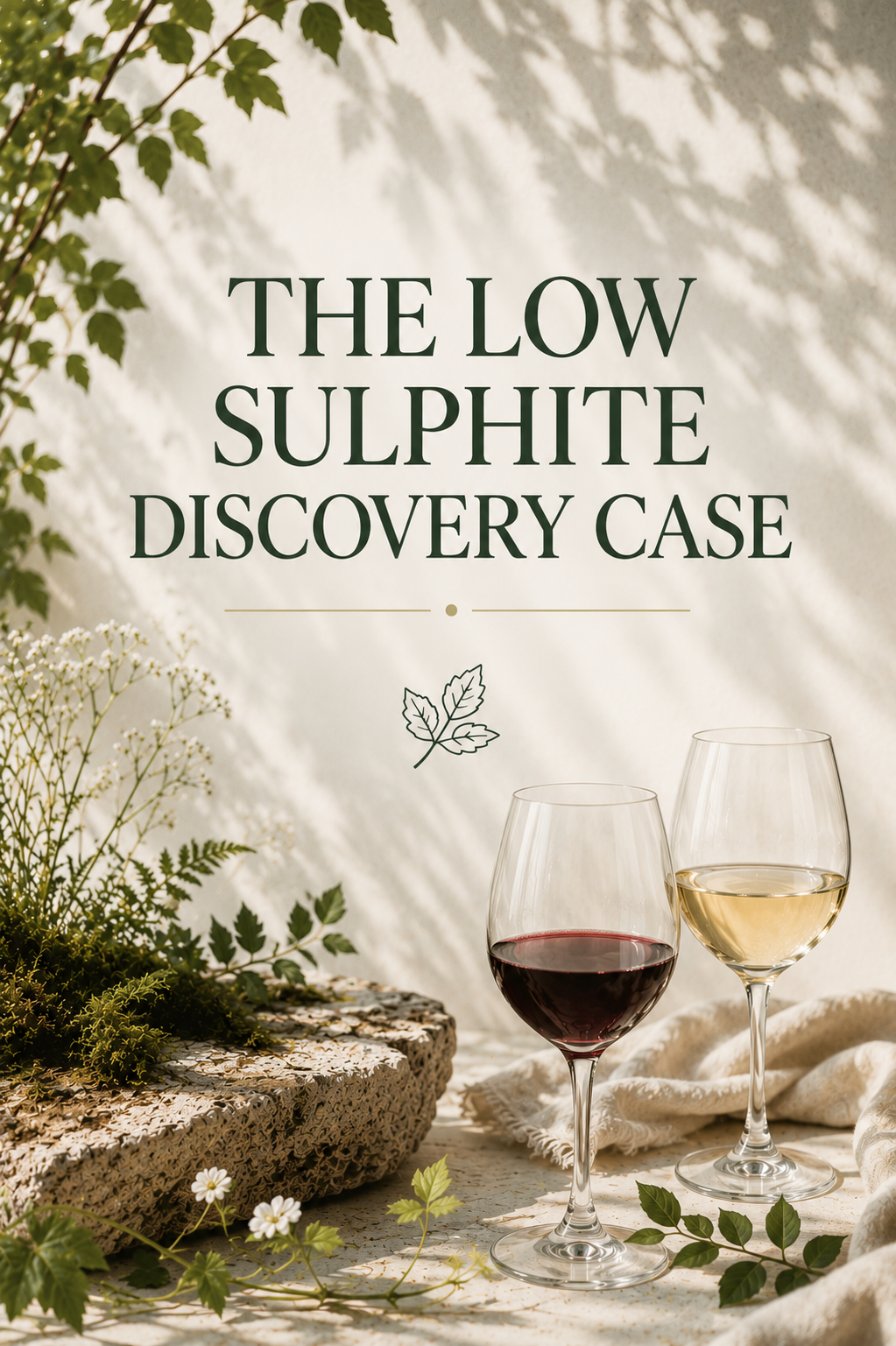 The Low Sulphite Discovery Case text with red and white wine glasses surrounded by greenery and natural light