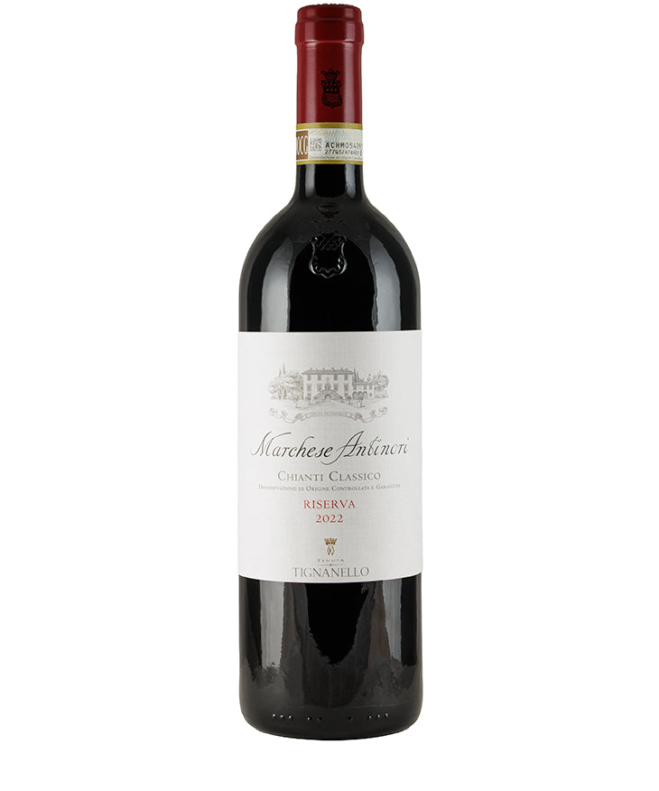 Bottle of Marchese Antinori Chianti Classico Riserva 2022 red wine with white label and red foil top