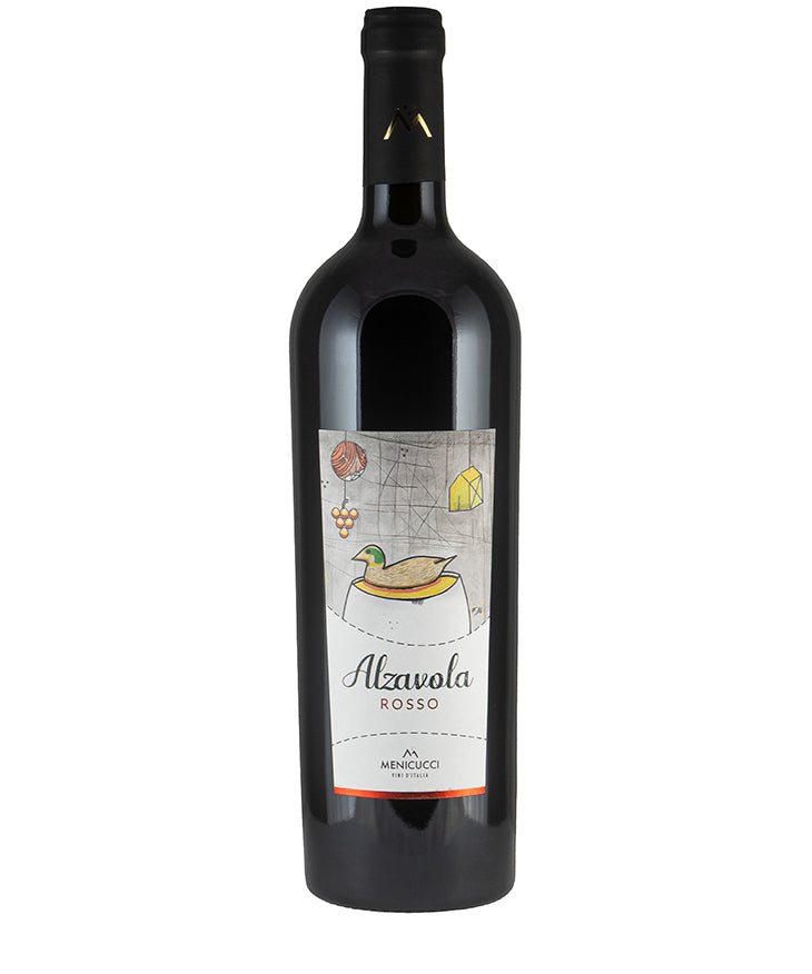 Bottle of Menicucci Alzavola Rosso 2021 fine wine with artistic label featuring a duck illustration.