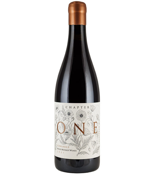 Bottle of Miles Mossop Chapters Cinsault 2021 red wine with floral illustrated label and copper foil capsule