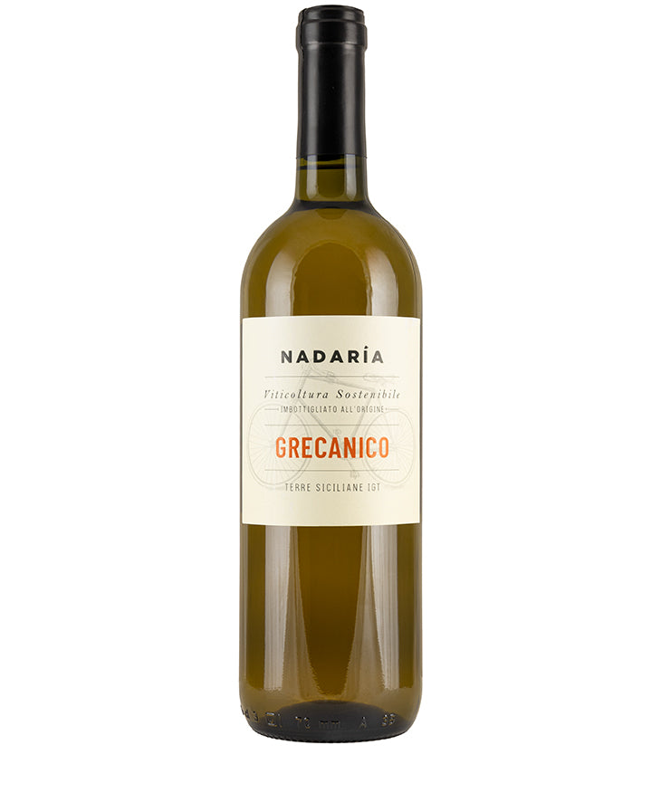 Bottle of Nadaria Grecanico Bianco 2023 white wine with citrus and peach tasting notes from Sicily