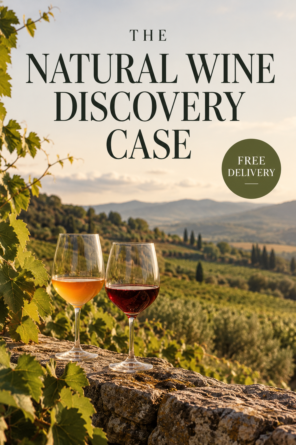 The Natural Wine Discovery Case with red and white wine glasses overlooking a vineyard
