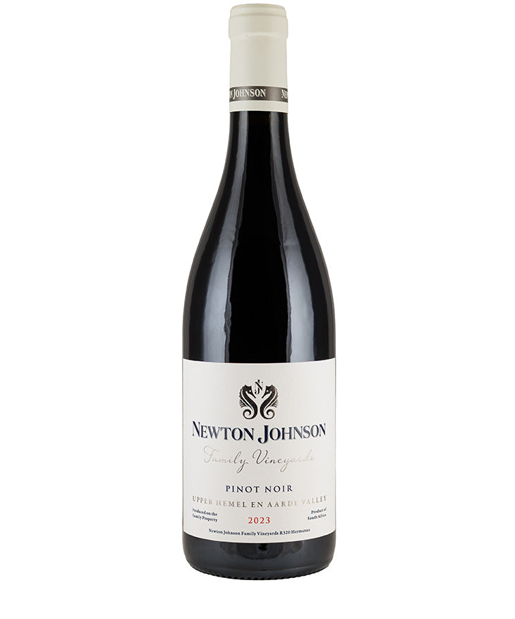 Newton Johnson Family Vineyards Pinot Noir 2023 bottle with white label and dark red wine inside