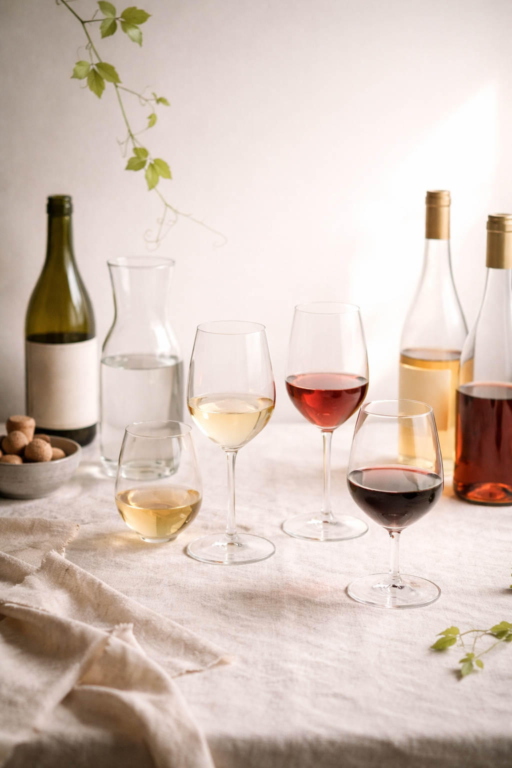 29.05.2026: "The Art of Less" Wine Tasting featuring organic white, rosé, and red wines in glasses.