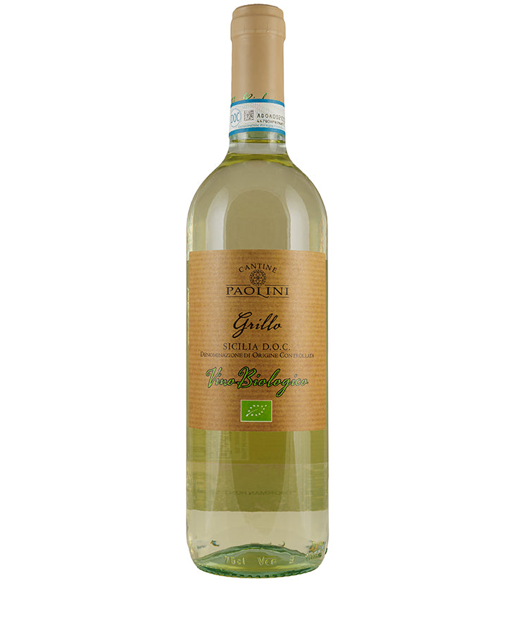 Cantine Paolini Grillo 2024 bottle of organic Sicilian white wine with fresh citrus and stone fruit flavors