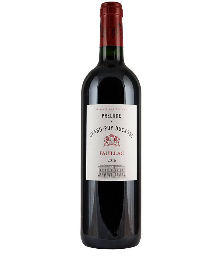 Prelude A Grand-Puy Ducasse Pauillac 2016 bottle of fine red wine with classic Bordeaux label and red foil capsule