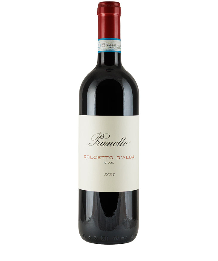 Bottle of Prunotto Dolcetto d'Alba 2024 red wine with simple white label and red foil capsule