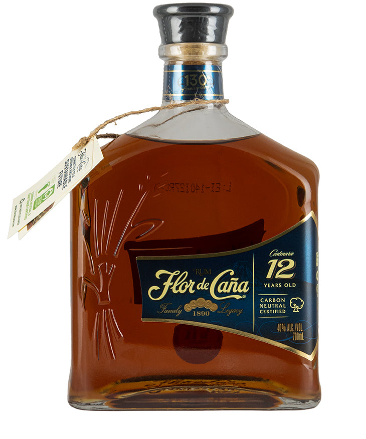 Flor de Cana 12 Year Old Rum bottle aged 12 years with smooth amber color and premium label design