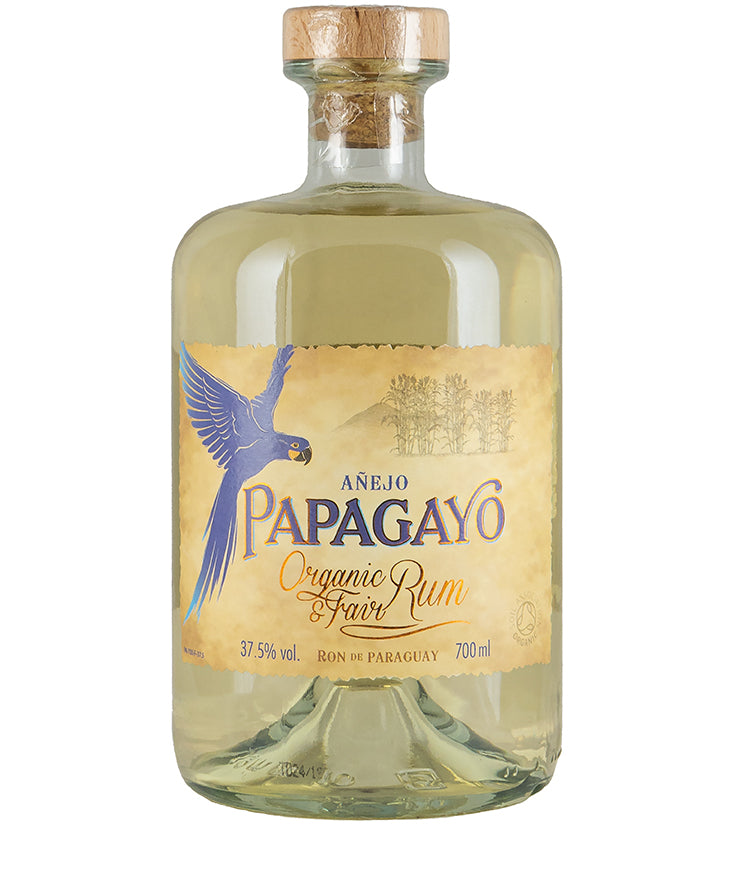 Papagayo Organic Golden Rum bottle with cork stopper and label featuring a blue parrot and organic rum details.
