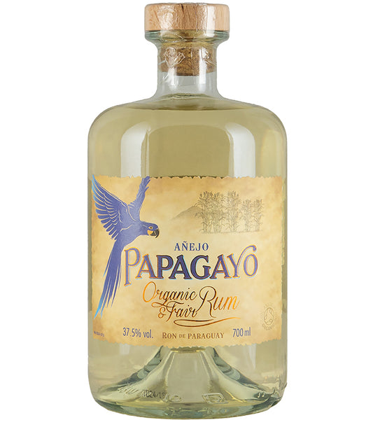 Papagayo Organic Golden Rum bottle with cork stopper and label featuring a blue parrot and organic rum details.