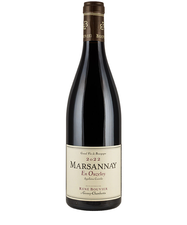 Bottle of Rene Bouvier Marsannay Rouge Ouzeloy 2022 French red wine with cream label and dark capsule