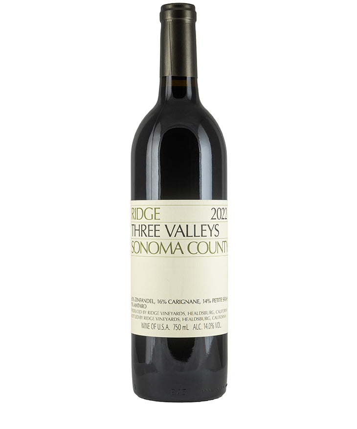 Ridge Three Valleys 2022 wine bottle with deep garnet color from Sonoma County California